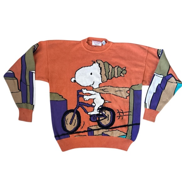 Vintage Other - Vintage 90s Snoopy Friends Bill Ditfort Schultz Bicycle Sweater Men’s XL Orange